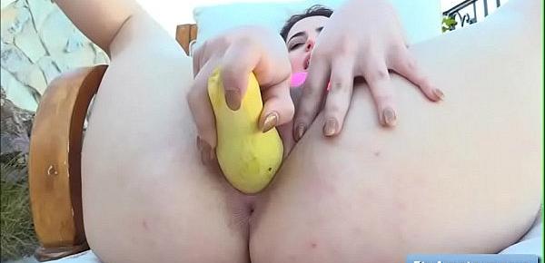  Naughty teen brunette amateur cutie Kylie fucks her juicy shaved pussy with a large ripe banana